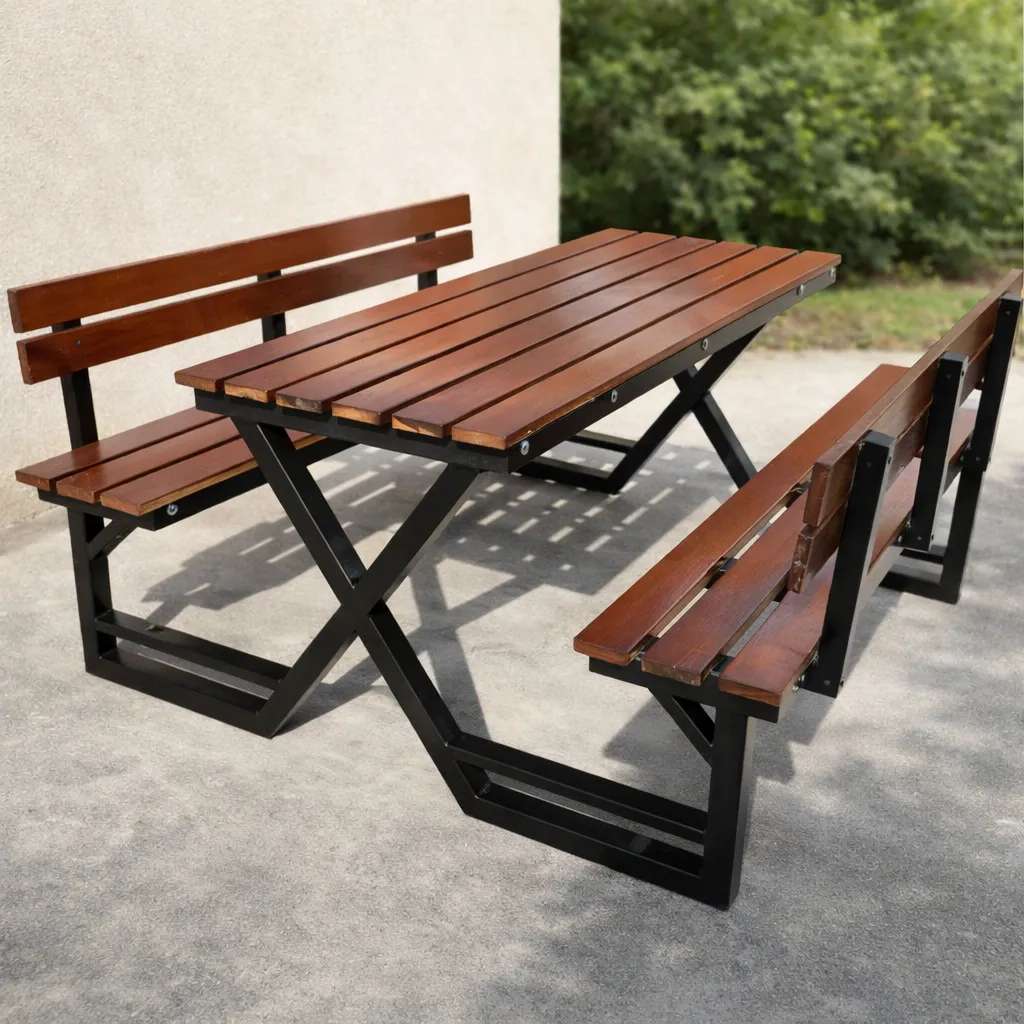 โต๊ะอาหารไม้เต็งขาไขว้ X พร้อมม้านั่งยาวมีพนักพิง