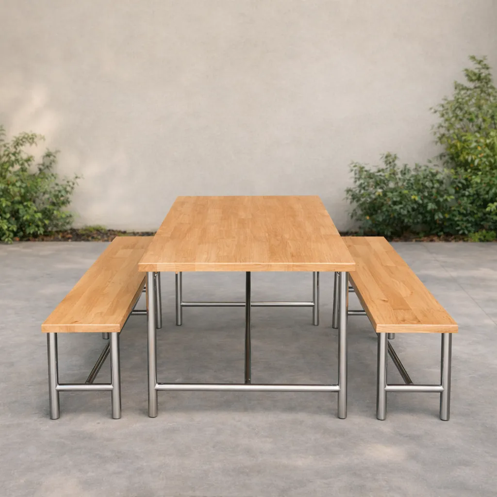 โต๊ะโรงอาหารไม้ยางพารา ขาสแตนเลส พร้อมม้านั่งยาว