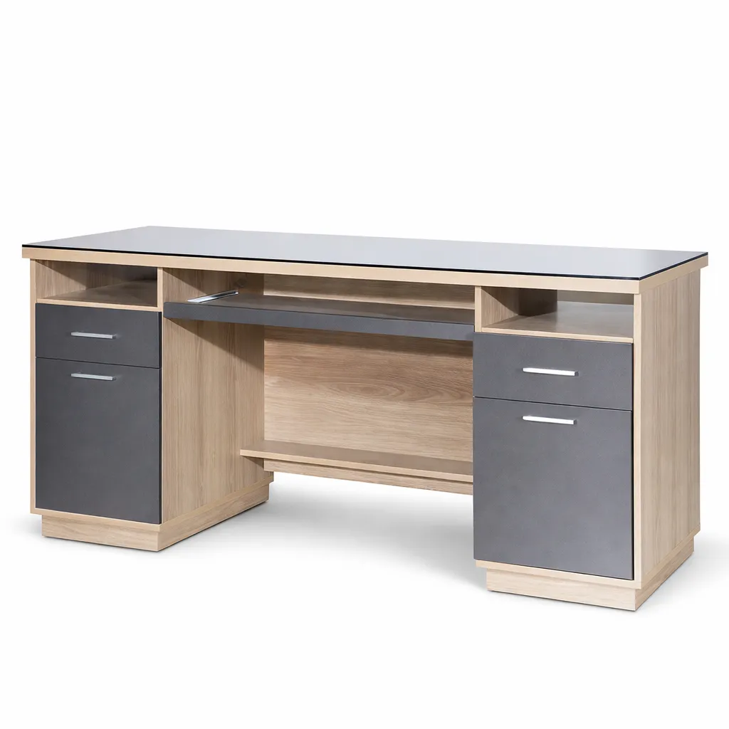 โต๊ะทำงานเมลามีน 4 ลิ้นชัก ซ้าย-ขวา พร้อมช่องวางเอกสาร ท็อป+ขา 25 มม.