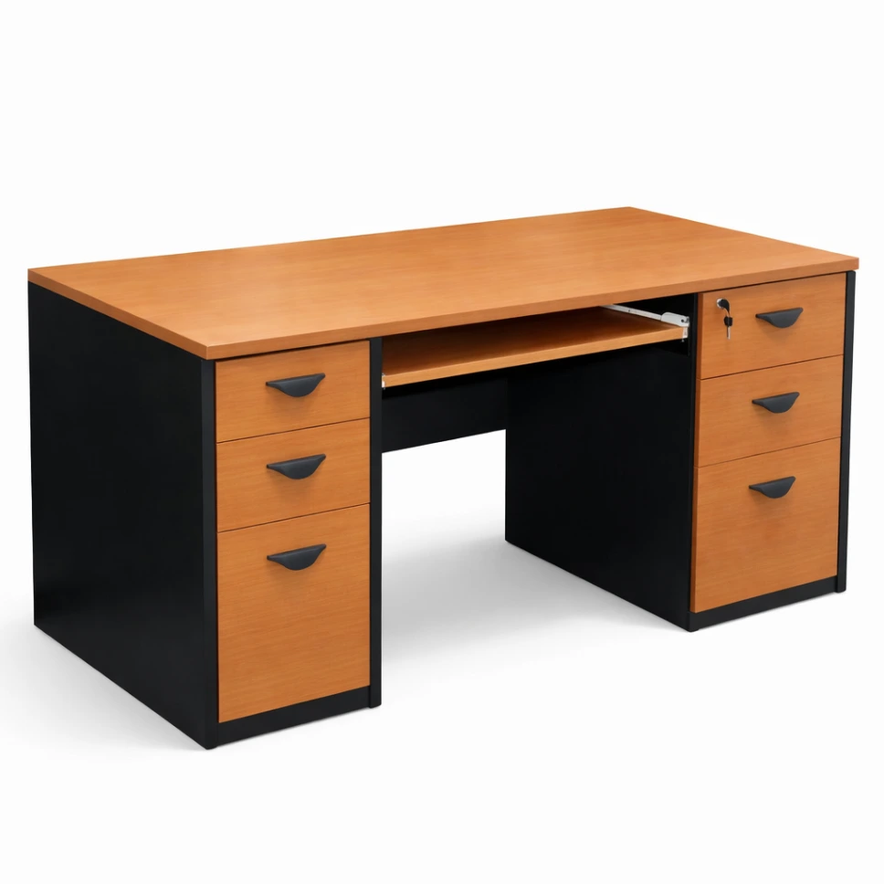 โต๊ะทำงานเมลามีน 6 ลิ้นชักถึงพื้น (ซ้าย 3 + ขวา 3) พร้อมรางคีย์บอร์ด + รางสไลด์ ท็อป + ขา 25 มม.