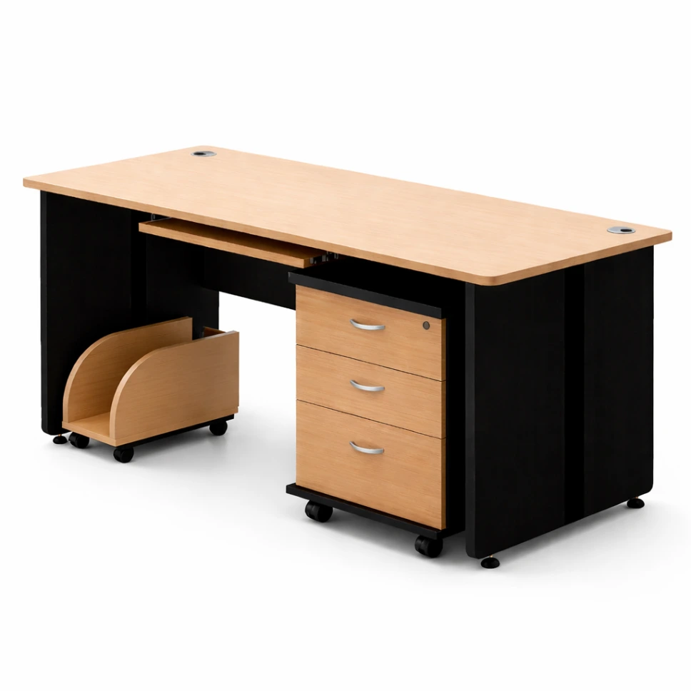 โต๊ะทำงานเมลามีน 3 ลิ้นชัก พร้อมรางคีย์บอร์ด + ตู้ลิ้นชักมีล้อ + ที่วาง CPU ท็อป+ขา 25 มม.