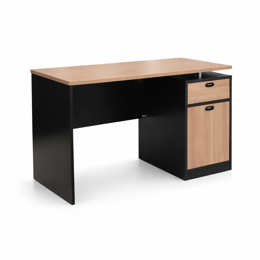 โต๊ะทำงานเมลามีนเสาเหล็ก 2 ลิ้นชัก + กุญแจล็อครหัส