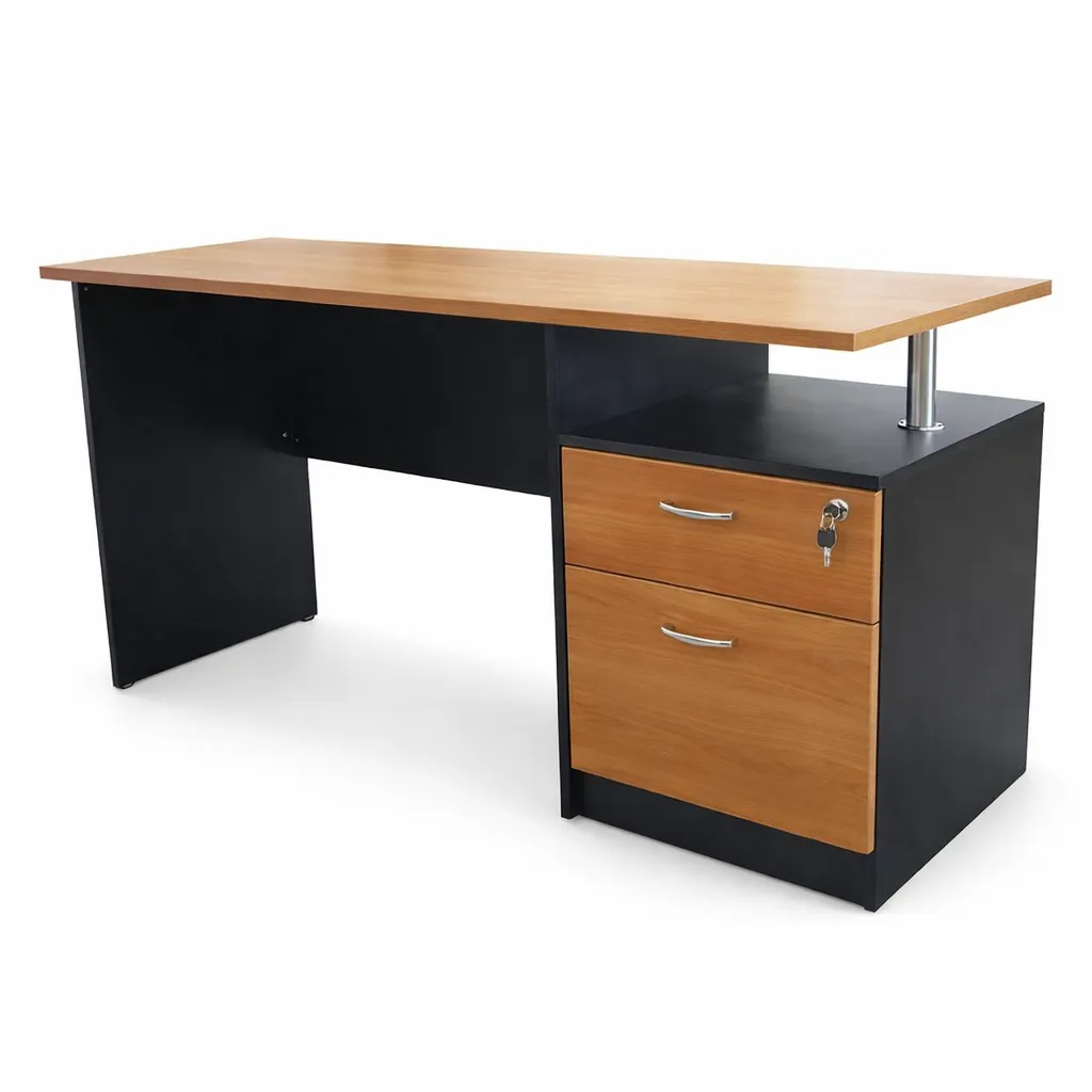 โต๊ะทำงานเมลามีน เสาเหล็ก พร้อมตู้ 2 ลิ้นชัก + กุญแจล็อก