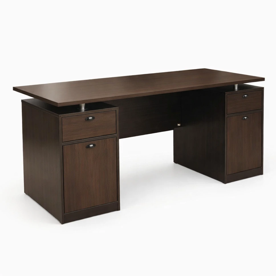 โต๊ะทำงานเมลามีน เสาเหล็ก 2 ด้าน พร้อมตู้ลิ้นชัก 2 ด้าน + กุญแจล็อครหัส