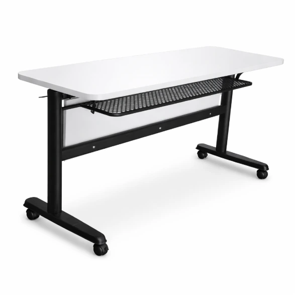 โต๊ะพับหน้าได้เมลามีน ขาเหล็กกลม มีล้อเลื่อน สำหรับห้องประชุมและห้องอบรม (Flip Top Training Table)