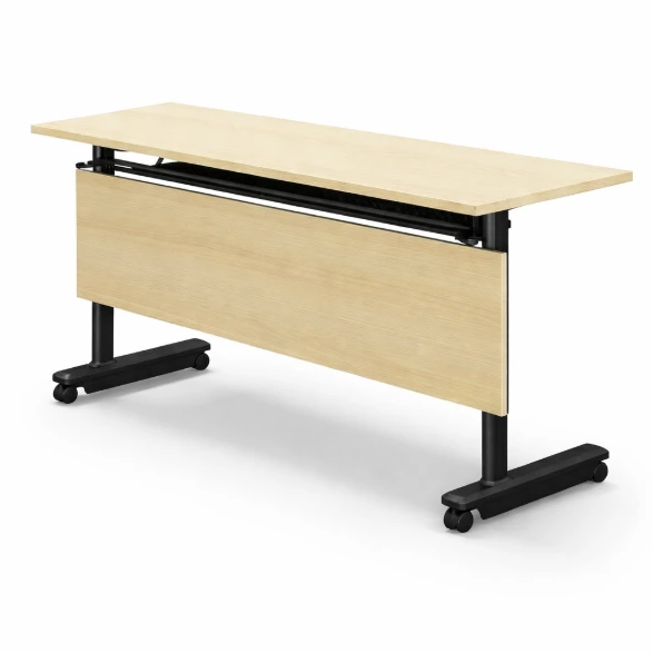 โต๊ะพับหน้าได้เมลามีน มีล้อเลื่อน พร้อมบังตาไม้ด้านหน้า ขาเหล็กกลม 1.5 นิ้ว (Flip Top Training Table with Wooden Modesty Panel)