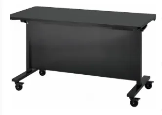 โต๊ะพับหน้าได้เมลามีน รุ่นขาแป๊บไข่ มีล้อเลื่อน พร้อมบังตาเหล็ก สำหรับห้องประชุมและห้องอบรม (Flip Top Training Table – Oval Tube Leg)