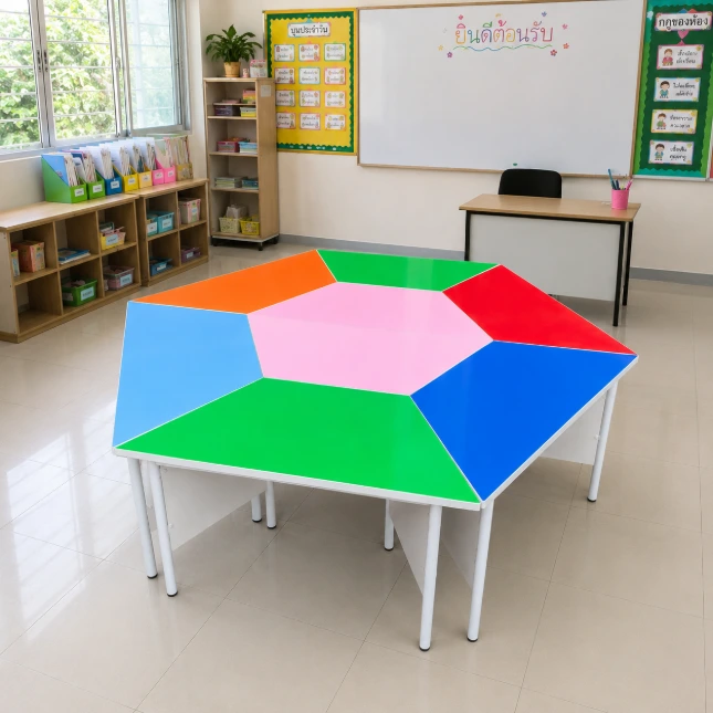 โต๊ะนักเรียนคางหมูหลากสี ขาเหล็กกลม 1.5 นิ้ว