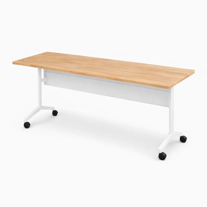 โต๊ะมีล้อ หน้าพับได้ หน้าไม้ยางพารา ขาเหล็กแป๊ปไข่ 30x60 มม. พร้อมบังตาเหล็ก  (Flip Top Rubberwood Table with Wheels)