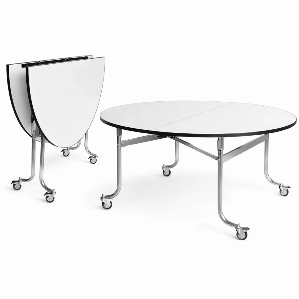 โต๊ะแตงโม พับได้ มีล้อ หน้าไม้อัดปิดฟอเมก้าขาว (Round Folding Table – Watermelon Style)