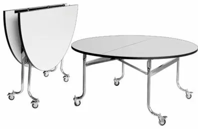 โต๊ะแตงโม พับได้ มีล้อ หน้าไม้อัดปิดฟอเมก้าขาว (Round Folding Table – Watermelon Style)