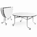 โต๊ะแตงโม พับได้ มีล้อ หน้าไม้อัดปิดฟอเมก้าขาว (Round Folding Table – Watermelon Style)