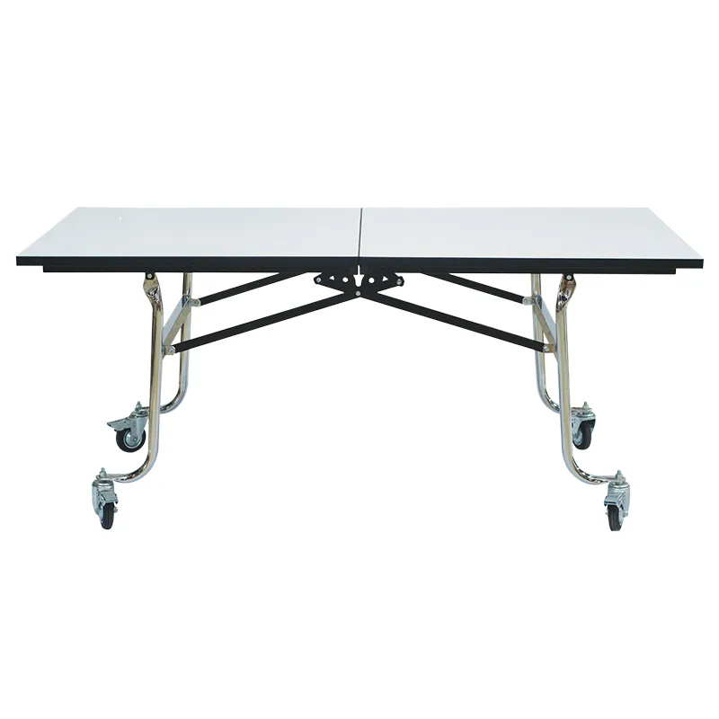 โต๊ะพับเหลี่ยม พับครึ่งมีล้อ หน้าไม้อัดปิดฟอเมก้าขาว (Rectangular Folding Table with Wheels)