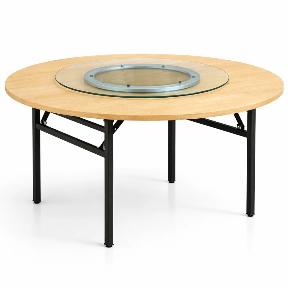 โต๊ะพับกลมขาสปริงล็อค หน้าไม้ยางพารากันน้ำ