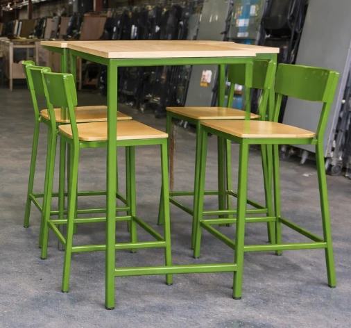 ชุดโต๊ะบาร์สูง พร้อมเก้าอี้บาร์มีพนักพิง หน้าไม้อัดพ่นสี หรือไม้ยางพารา