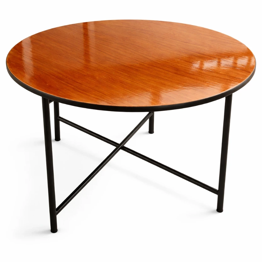 โต๊ะพับกลม หน้าไม้อัดพ่นชะแล็คกันน้ำ ขาเหล็กพ่นสีดำ