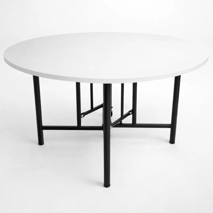 โต๊ะพับกลมขาสปริงแยก หน้าเมลามีนสีขาว ไร้รอยต่อ