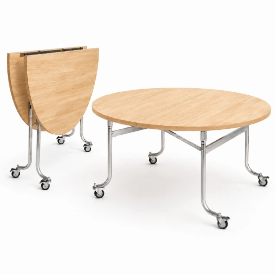 โต๊ะแตงโม พับได้ มีล้อ หน้าไม้ยางพารา หนา 20 มิล   (Round Folding Table – Watermelon Style)