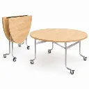 โต๊ะแตงโม พับได้ มีล้อ หน้าไม้ยางพารา หนา 20 มิล   (Round Folding Table – Watermelon Style)