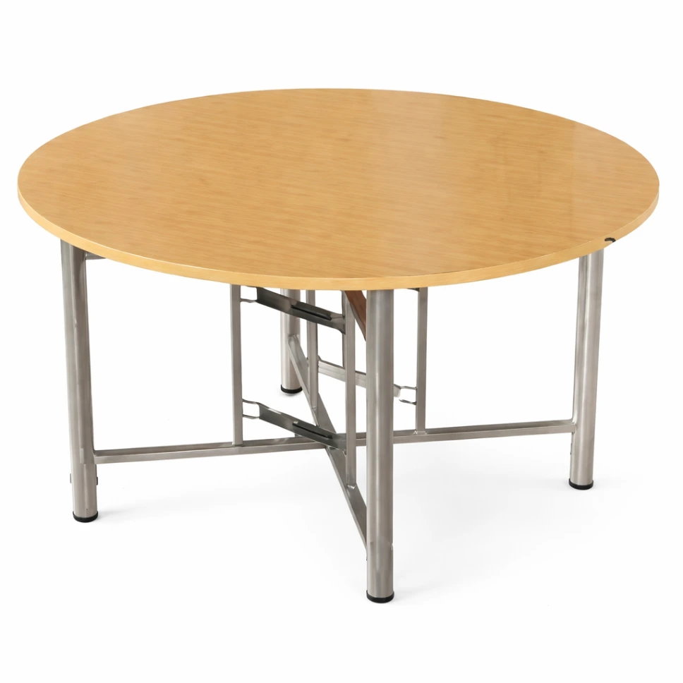 โต๊ะพับกลมขาสปริงแยก หน้าเมลามีนลายไม้ ไร้รอยต่อ