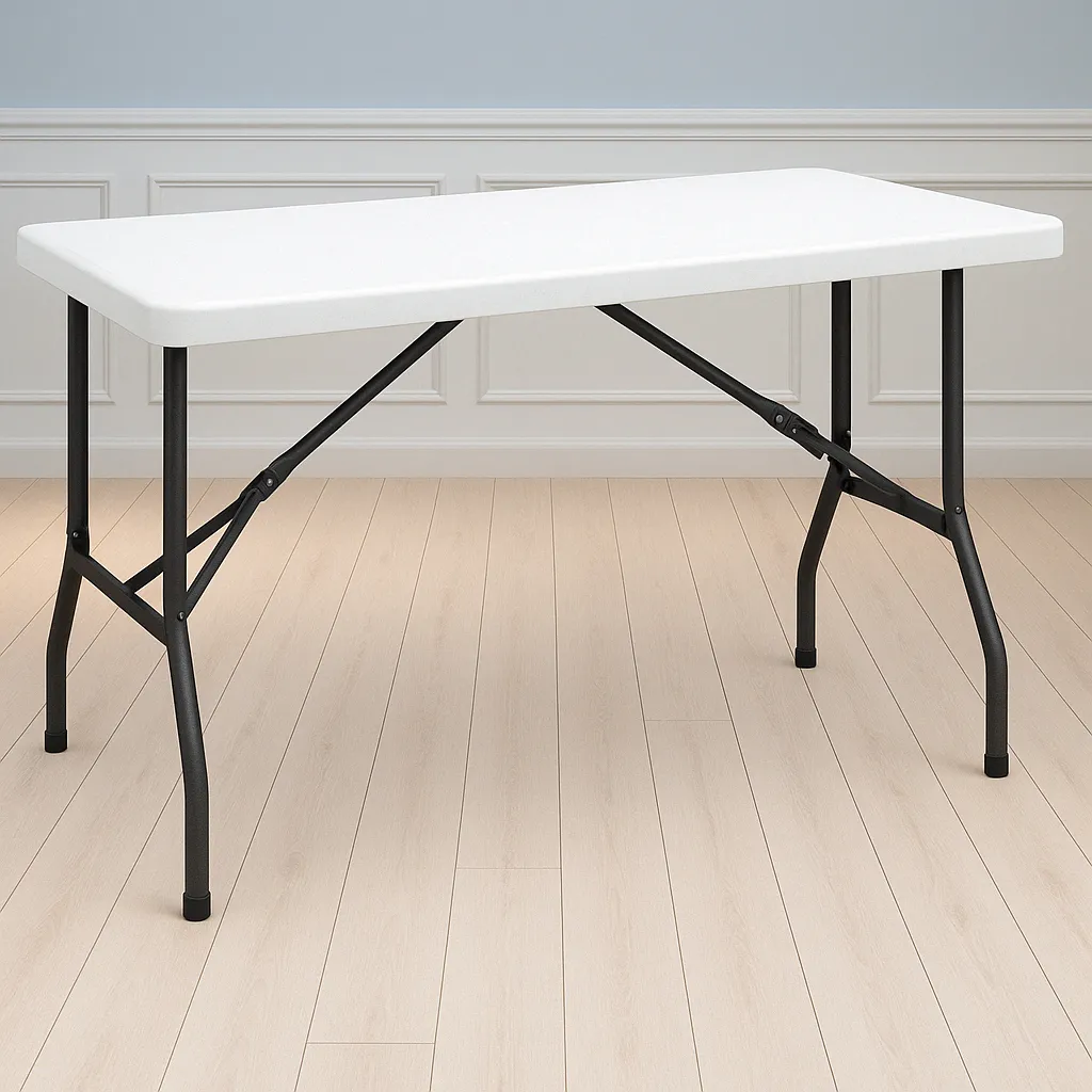 โต๊ะพับพลาสติก HDPE สีขาว ขาเหล็กพับได้