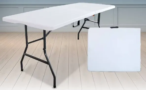 โต๊ะพับพลาสติกไฟเบอร์ HDPE สีขาว พับครึ่งได้ ขาเหล็กพับเก็บได้